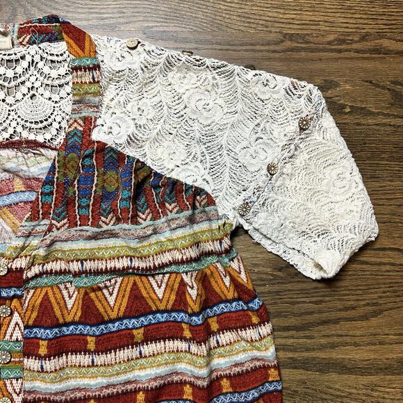 BKE Shirt Womens Large Lace Sleeve Button Up Aztec Southwest Boho Western - Picture 6 of 11